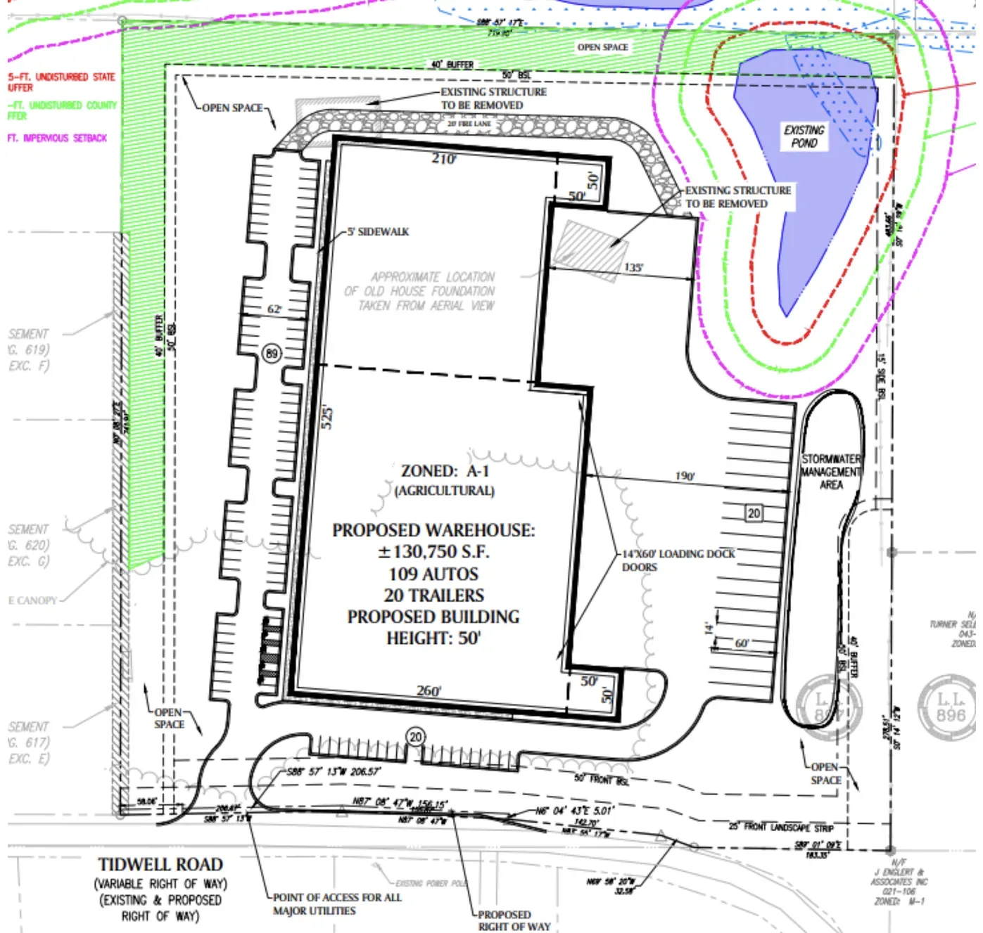 Site plan for a proposed warehouse building on Pendley Road, zoned M-1 light industrial