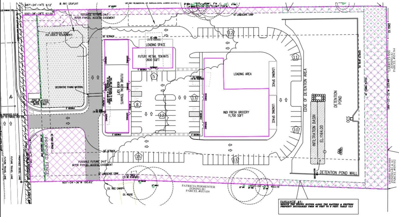 Site plan for a proposed Indi Fresh Grocery store and retail development