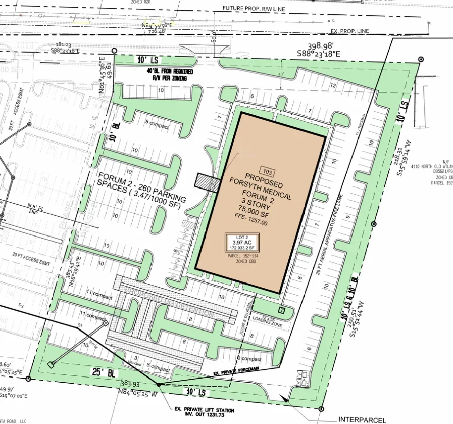 Commercial site plan for a three story 75,000 square foot medical office building at 103 Greenfield Drive in Forsyth County, Georgia