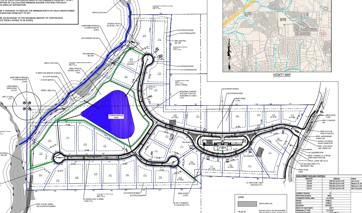 Site plan for a 35 lot subdivision at 1550 and 1560 Stoney Point Road in Forsyth County, Georgia, bought by Southern Gentry Homes