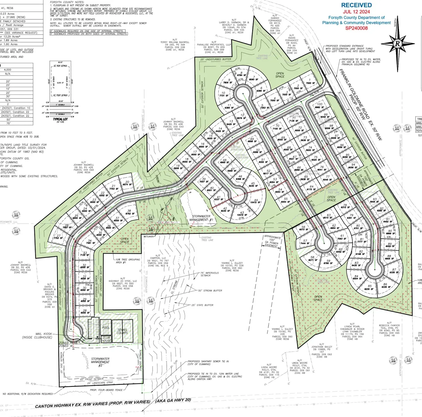 Site plan for a 100 lot subdivision at 4355 Franklin Goldmine Road in Forsyth County, Georgia, bought by Southvine Homes