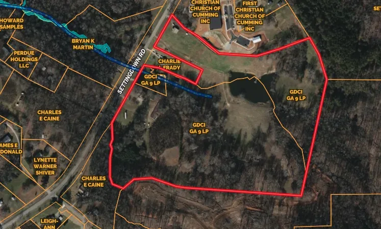 Aerial photo of two parcels at 4600 Settingdown Road in Forsyth County, Georgia, bought by The Pacific Group