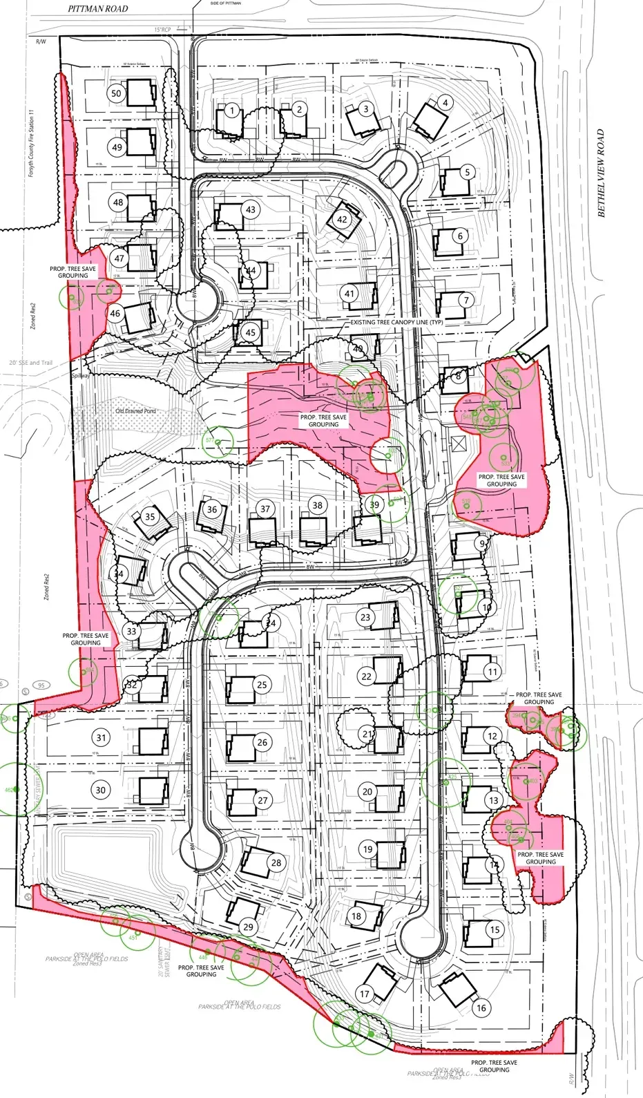 Site plan for 50 single family lots at 4648 Bethelview Road in Forsyth County, Georgia, bought by Taylor Morrison