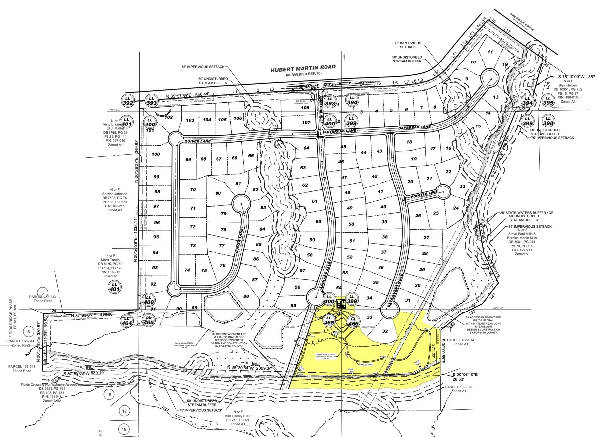 Plat of Broadhollow, a 108 lot subdivision at 4950 Hubert Martin Road in Forsyth County, Georgia, bought by Toll Brothers