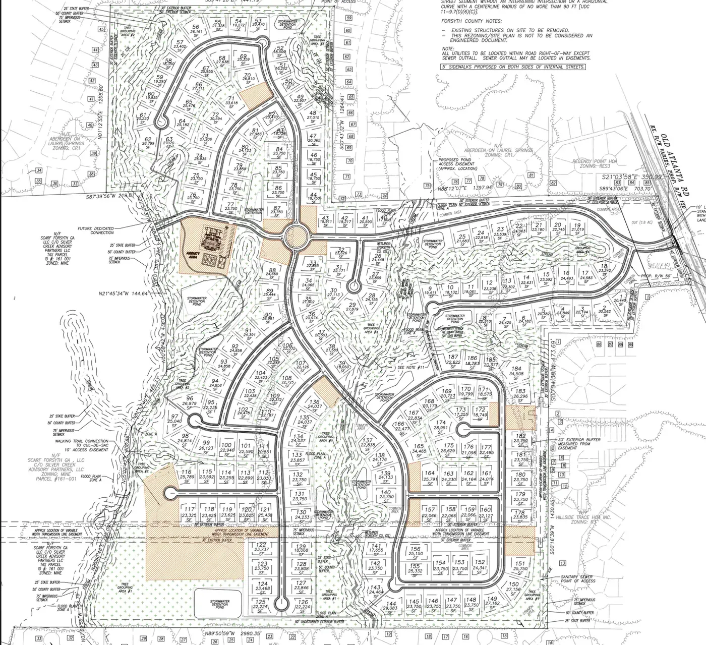 Site plan for a 187 lot subdivision at 5260 Old Atlanta Road in Forsyth County, Georgia, bought by Toll Brothers