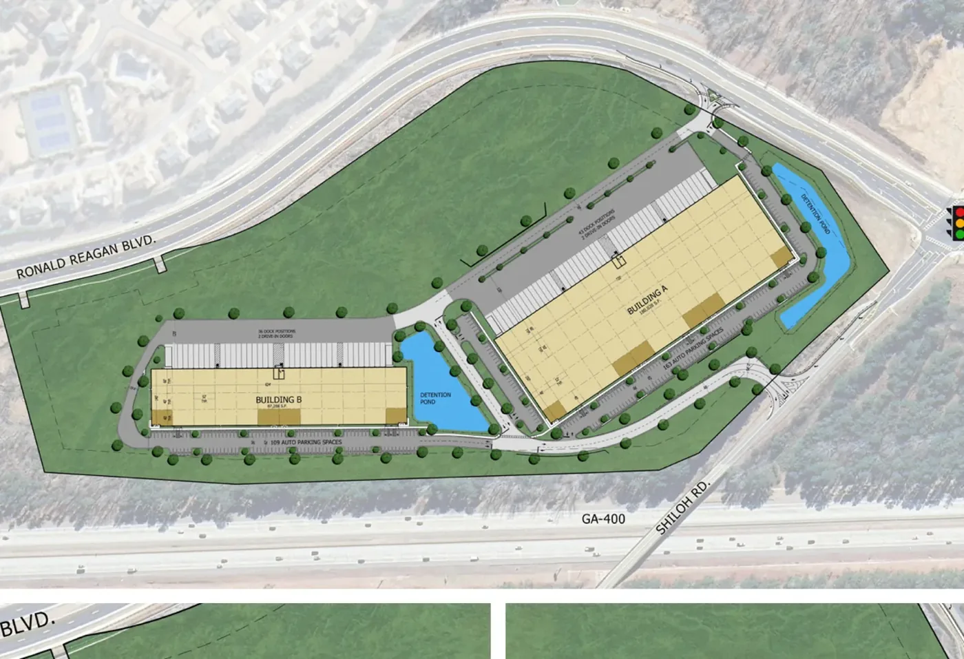 Site plan for two rear load industrial buildings at 5315 Shiloh Road and GA 400 in Forsyth County, Georgia, bought by INDUS Realty Trust