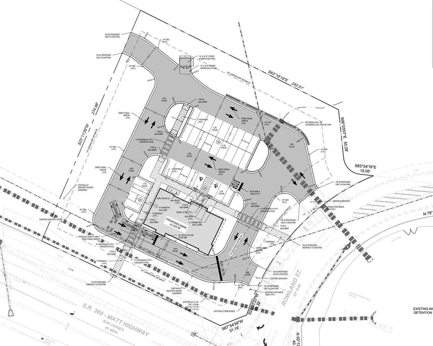 Commercial site plan for a Chase Bank with drive through lanes at 5690 Rowland Street and Matt Highway in Forsyth County, Georgia