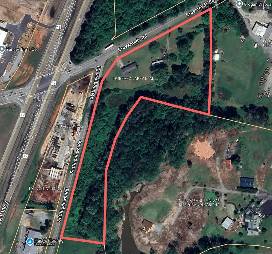 Aerial photo of a 7.4 acre A1 zoned parcel at 6010 Cross Roads Road in Forsyth County, Georgia