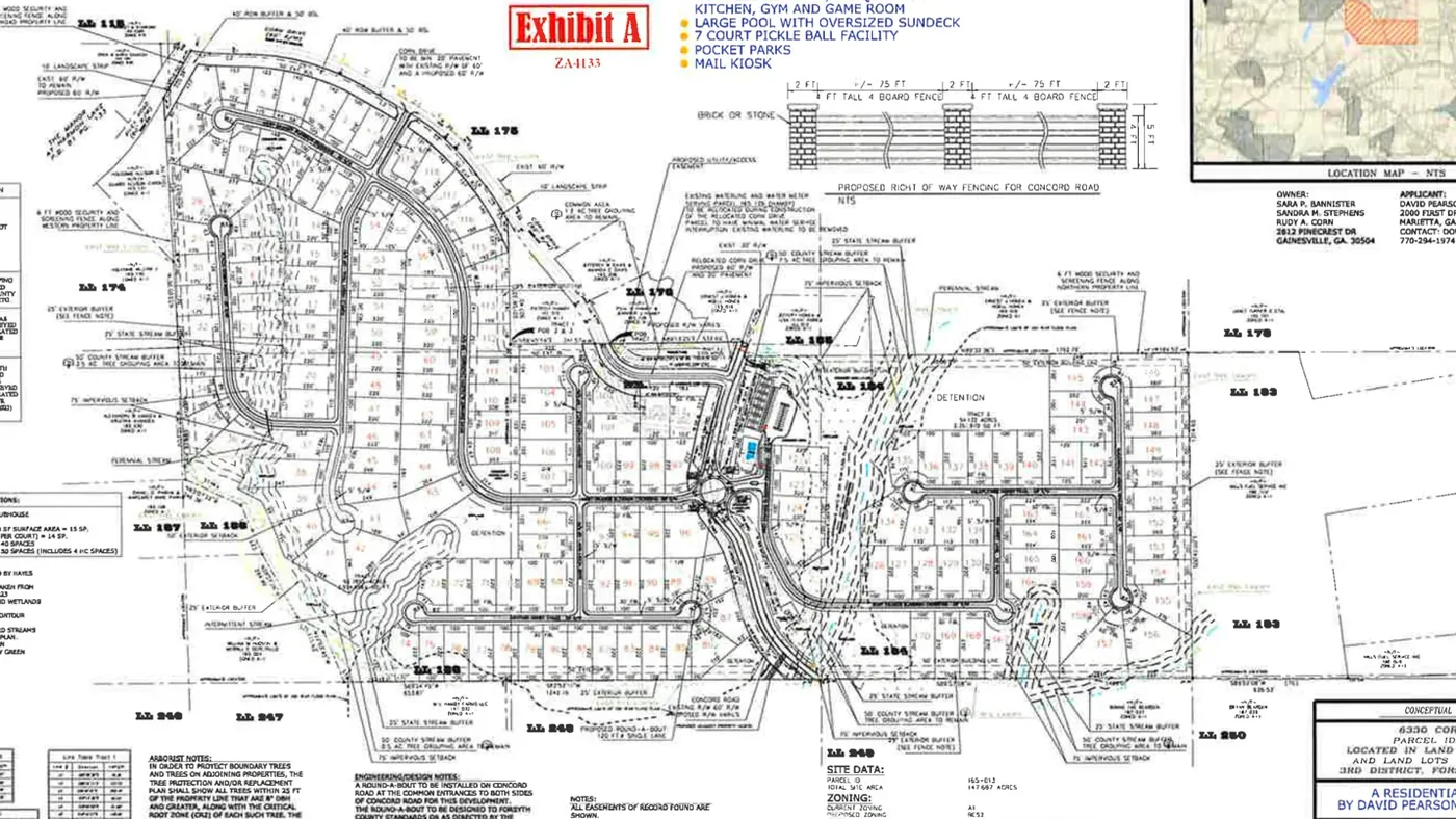 Rezoning site plan for a 170 lot subdivision at 6330 Corn Drive in Forsyth County, Georgia, bought by David Pearson Communities