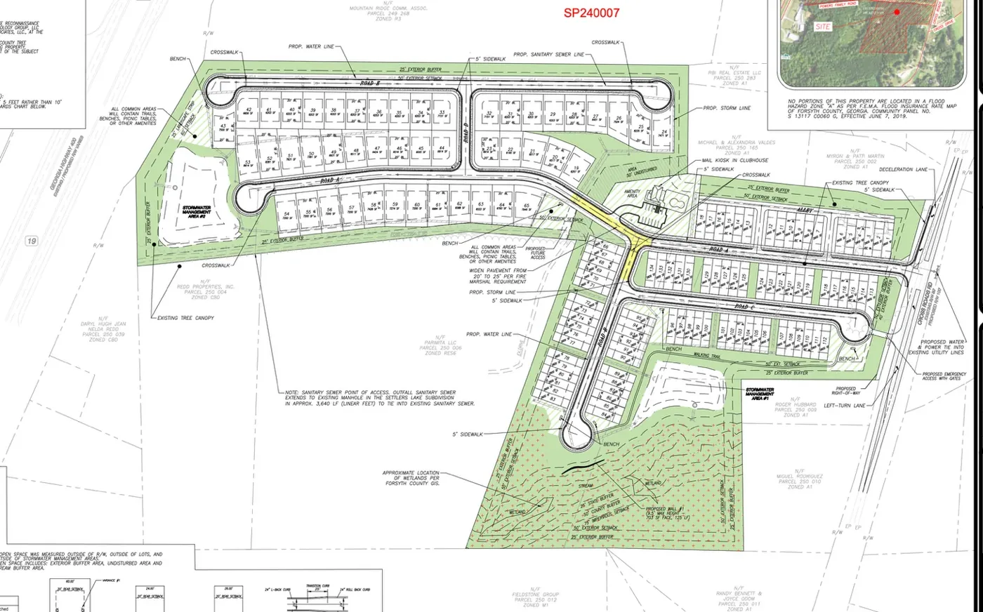 Site plan for 87 attached and 47 detached homes at 6815 Cross Roads Road in Forsyth County, Georgia, under legacy Res6 zoning