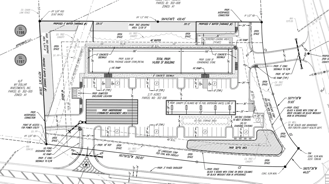 Commercial site plan for a gas station and package store at 7835 Knight Road in Forsyth County, Georgia