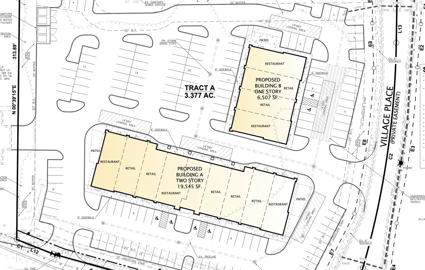 Commercial site plan for retail and restaurant buildings at 8152 McGinnis Ferry Road in Forsyth County, Georgia