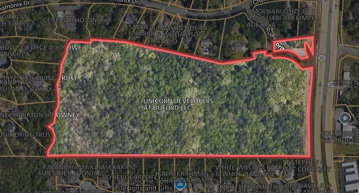 Aerial photo of a 20 acre wooded tract fronting Buford Highway in Forsyth County, Georgia