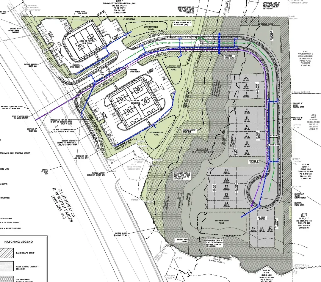 Sketch plat showing retail buildings and 17 residential lots on a split zoned Res6 and CBD site on Buford Highway in Forsyth County, Georgia