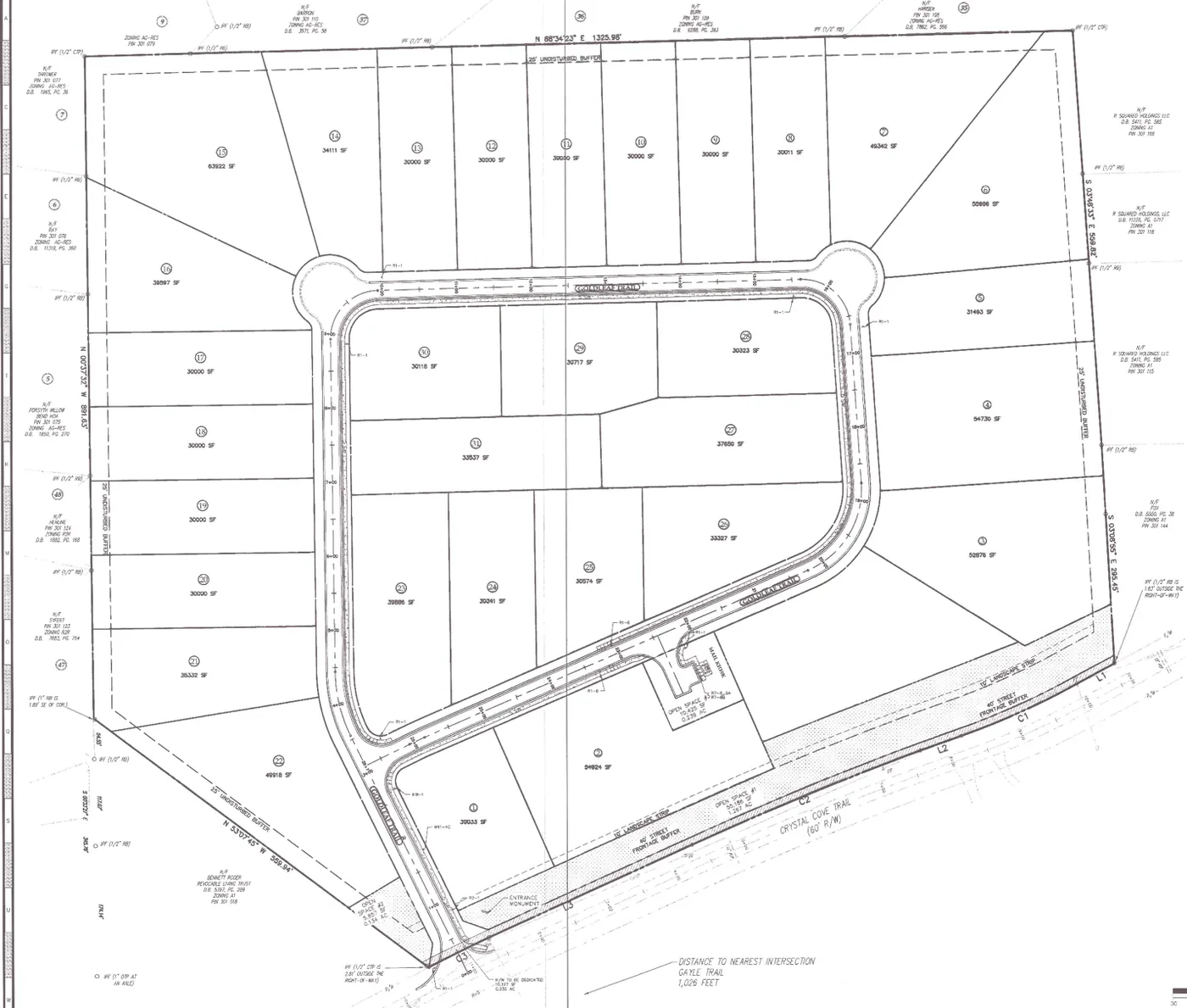 Sketch plat of a 31 lot subdivision on Crystal Cove Trail in Forsyth County, Georgia, bought by Tellus Land