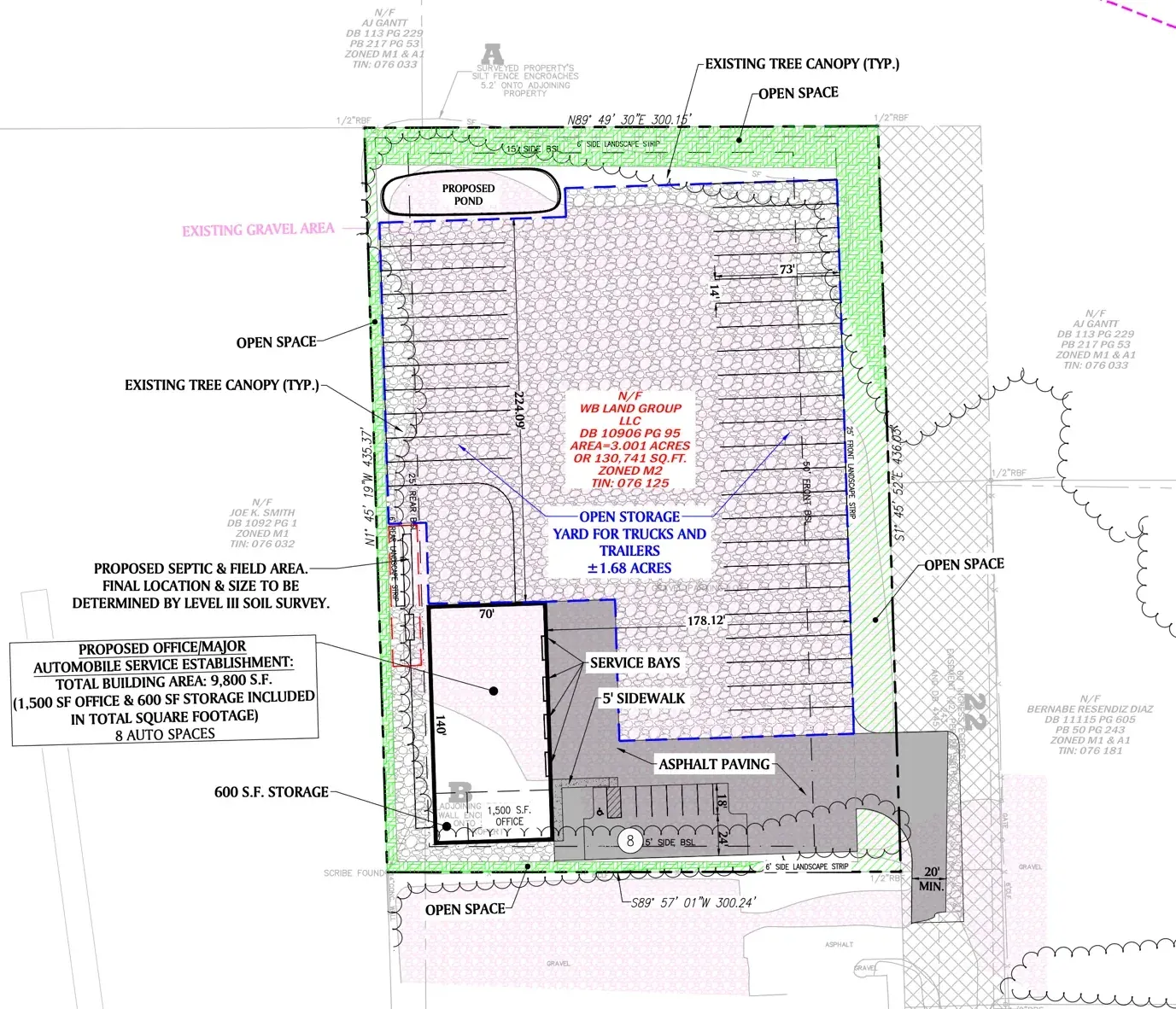 Civil site plan for a truck and trailer storage yard and service building on Jake Drive in Forsyth County, Georgia