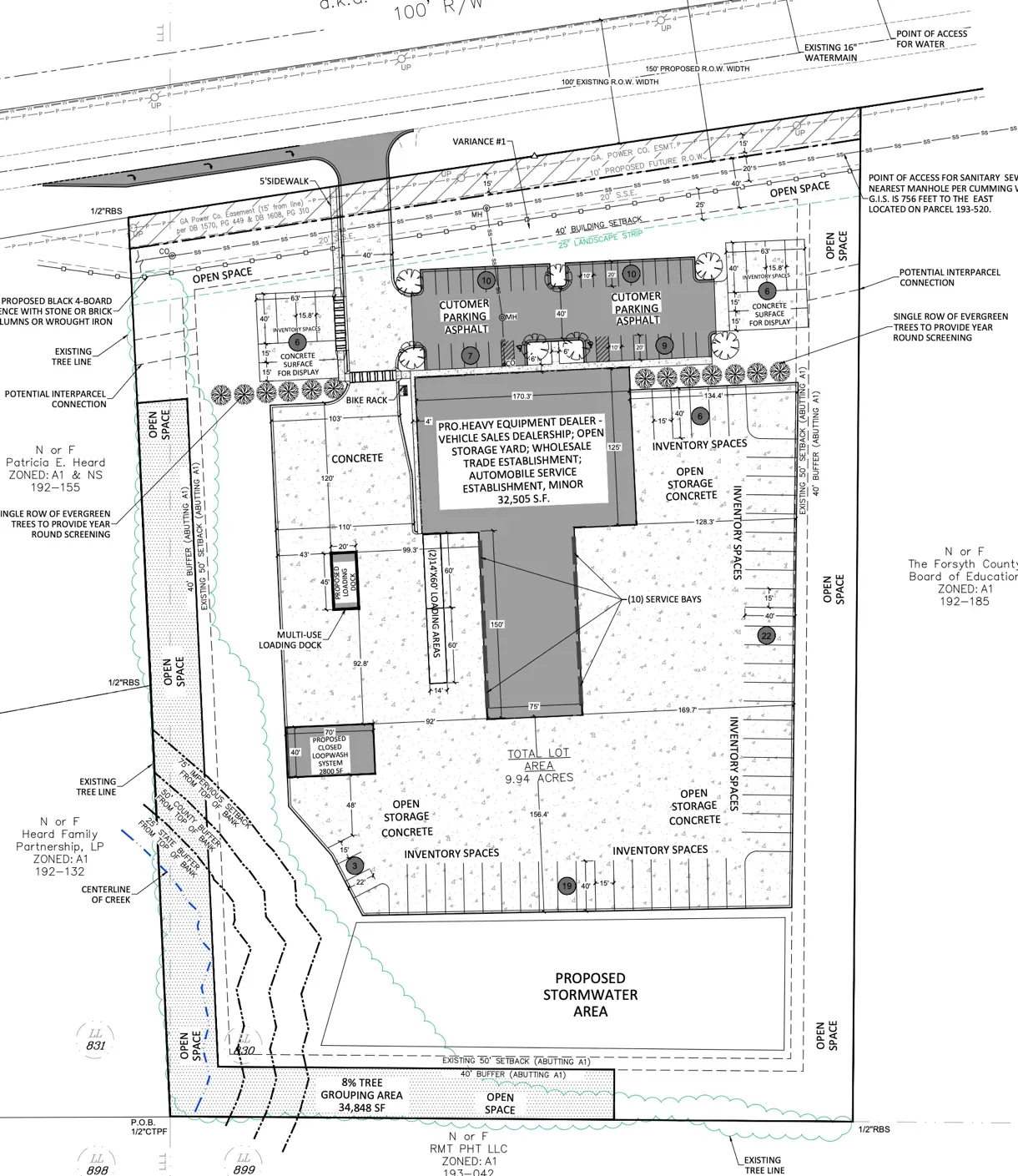 Commercial site plan for a heavy equipment dealership on Keith Bridge Road in Forsyth County, Georgia, bought by Tractor and Equipment Company