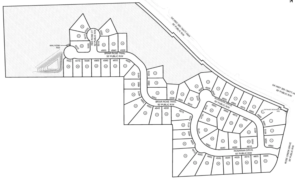 Lot plan of the Rose Creek subdivision on Rosarian Drive in Forsyth County, Georgia, 62 developed lots bought by Pulte Homes