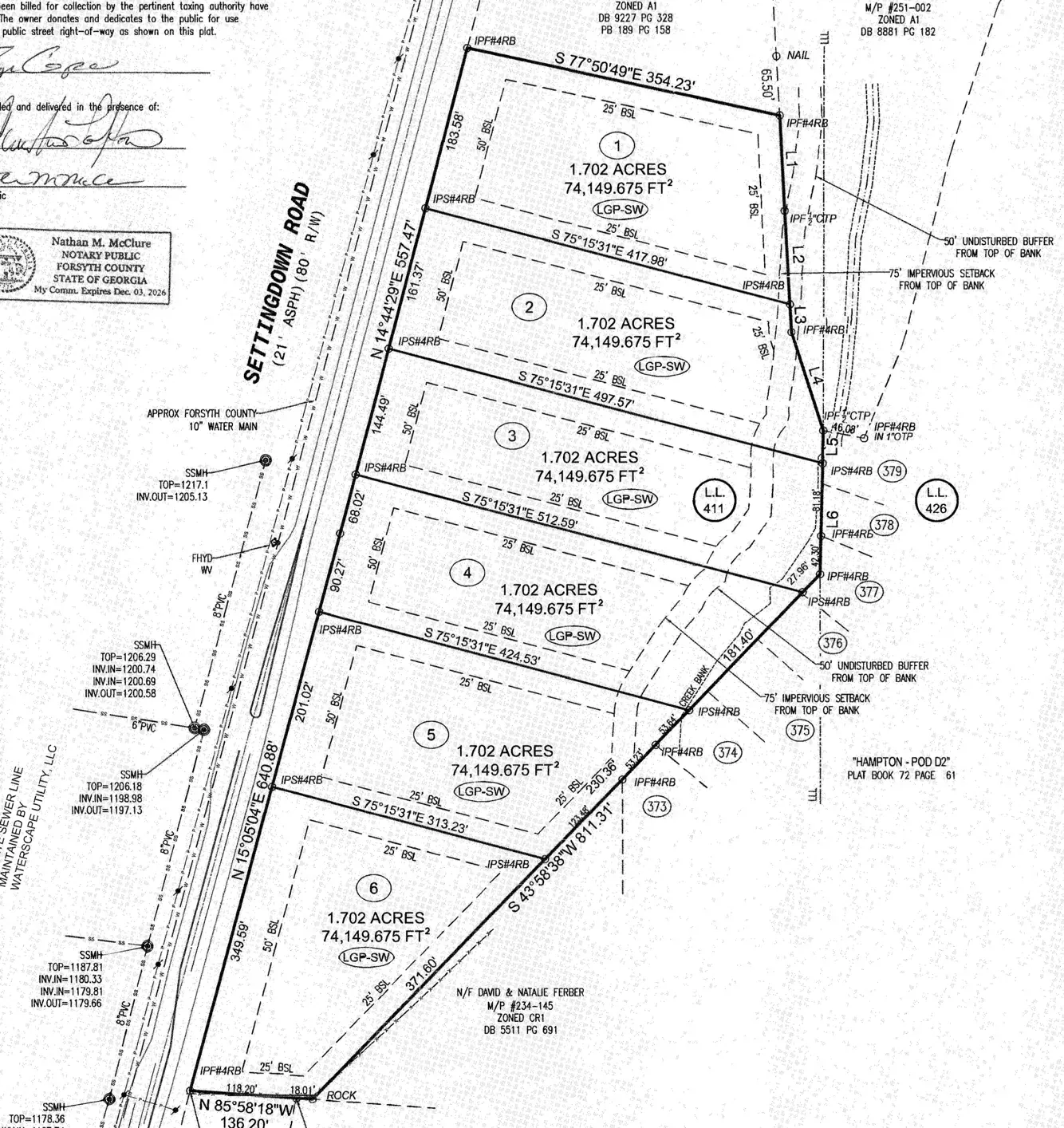 Recorded plat of six large single family lots on Settingdown Road in Forsyth County, Georgia, bought by Tipton Home Builders