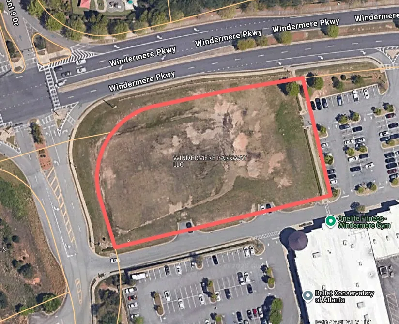 Aerial photo of a cleared commercial pad site on Windermere Parkway in Forsyth County, Georgia