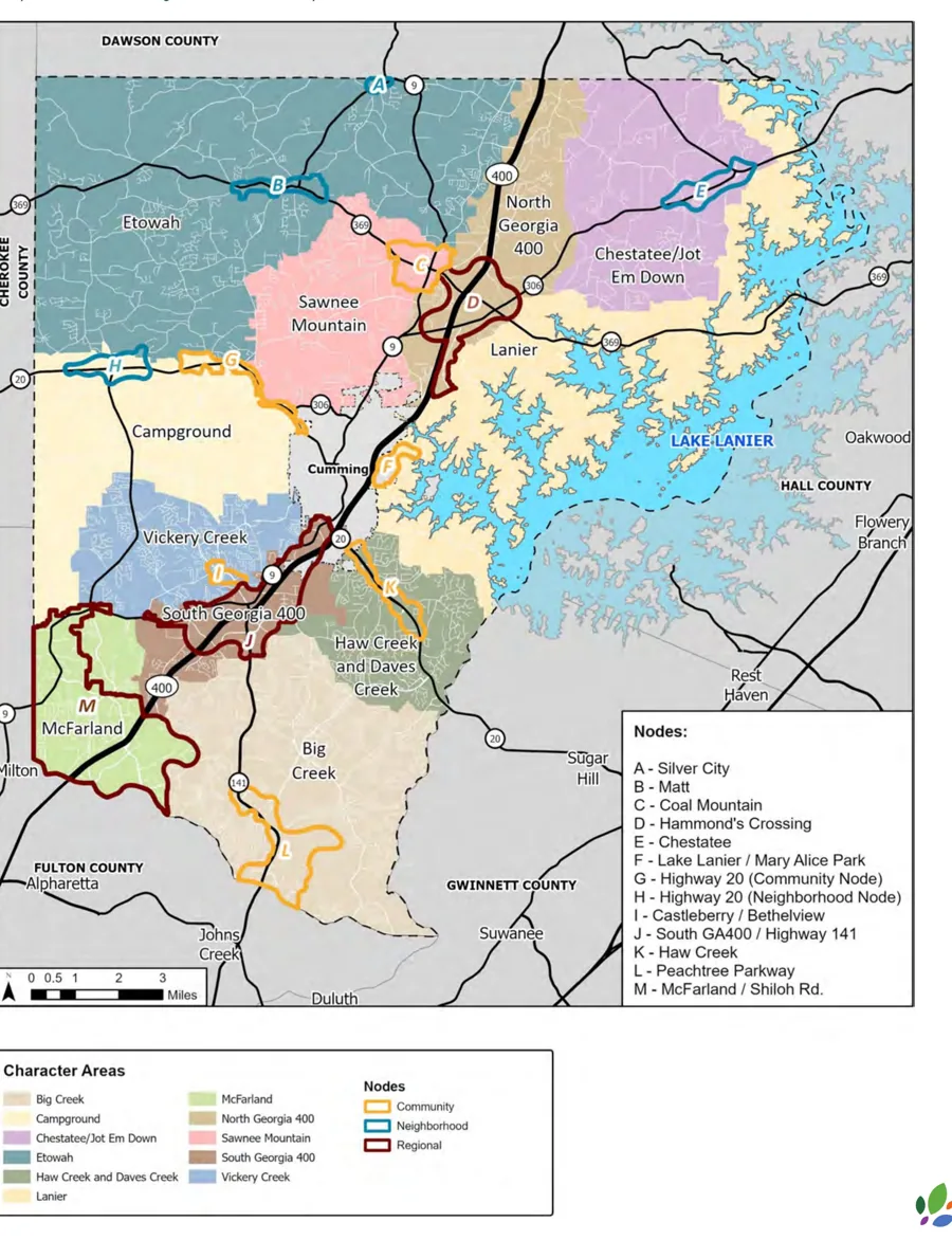 Forsyth County Community Character Map showing all 11 character areas and 13 development nodes