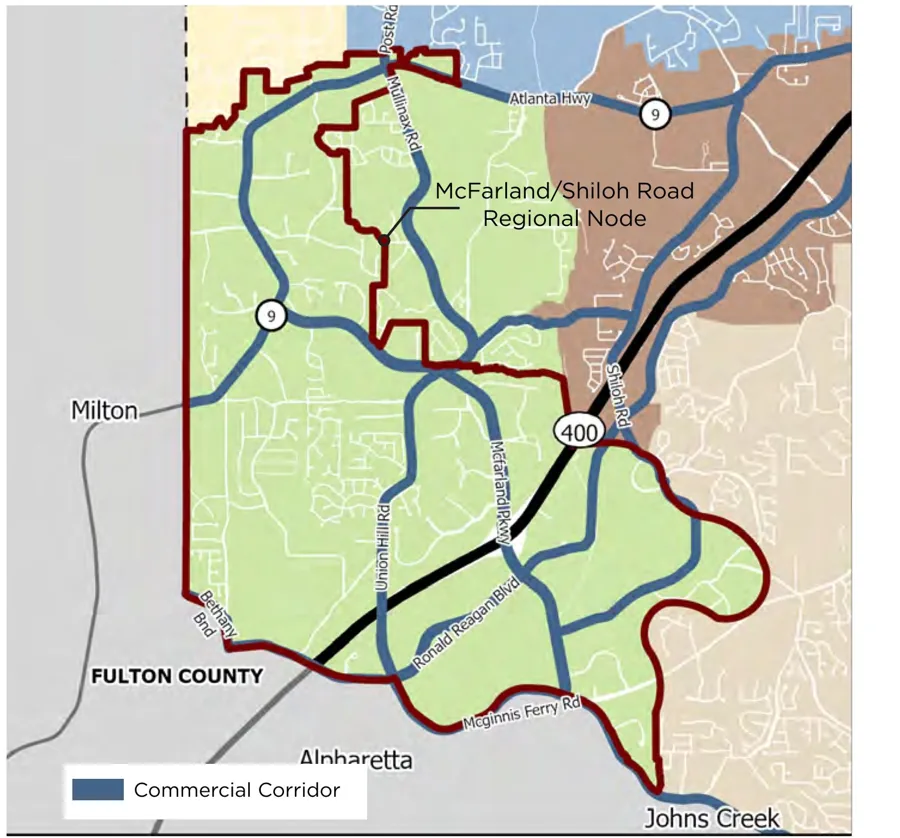 McFarland character area map showing the McFarland/Shiloh Road Regional Node along GA 400