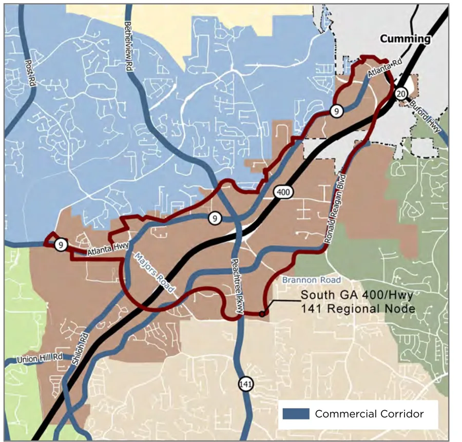 South GA 400 character area map showing the South GA 400/Highway 141 Regional Node